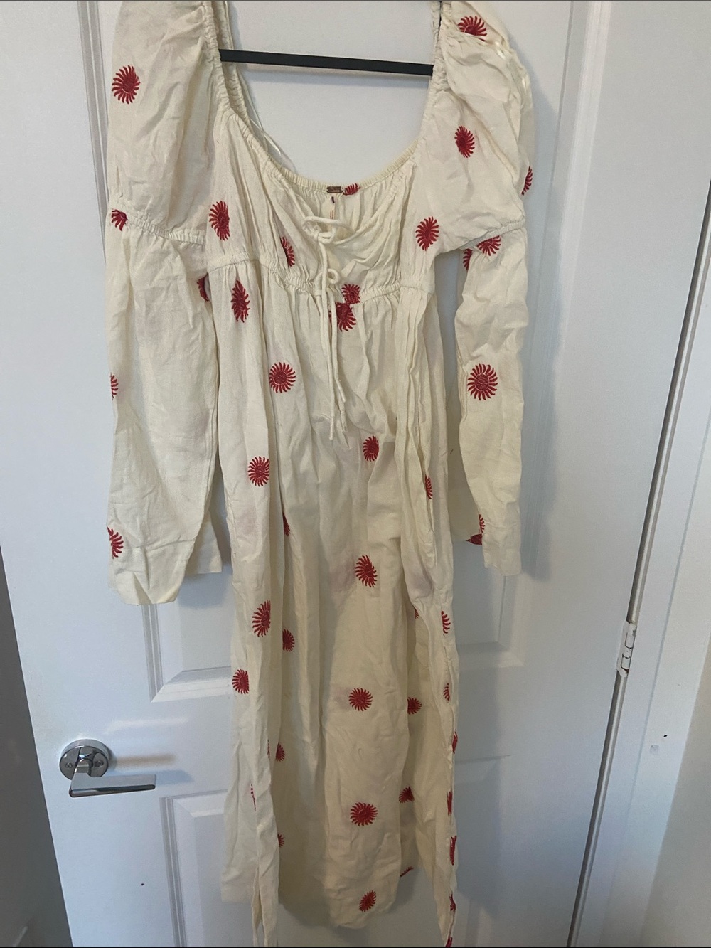 Free People Cream Maxi Dress with Red Sunburst Embroidery